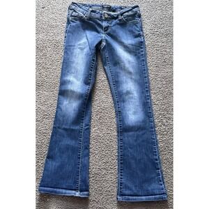Bebe Quinn Flare Jeans Womens 27 Medium Wash Low Rise Embroidered Blue Denim